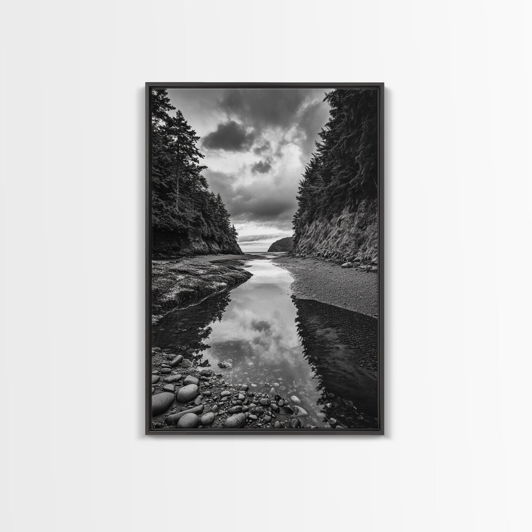 Tide Pool, Forest Reflection, Coastal Calm, Framed Canvas Print, Black White Nature Art, Bathroom or Bedroom Decor, Tranquil Scene