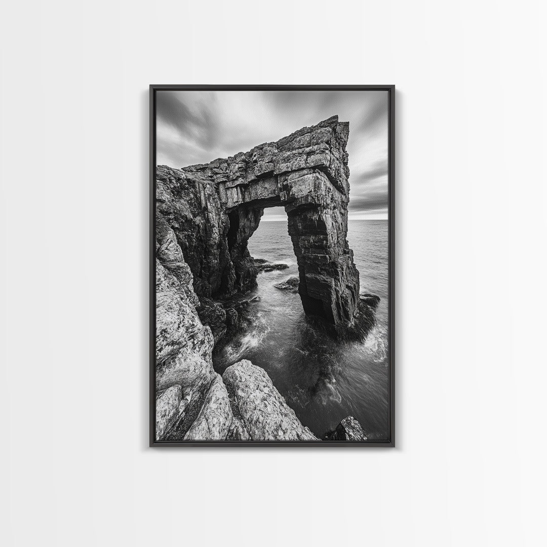 Sea Arch, Coastal Rock, Ocean Cliffside, Canvas Print, Dramatic Nature Wall Art, Living Room or Office Decor, Black White Seascape