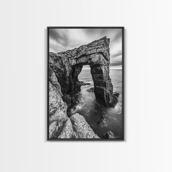 Sea Arch, Coastal Rock, Ocean Cliffside, Canvas Print, Dramatic Nature Wall Art, Living Room or Office Decor, Black White Seascape