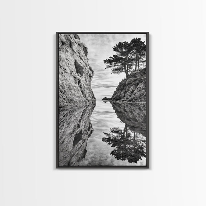 Reflected Trees, Peaceful Cove, Monochrome Seascape, Tranquil Decor, Framed Canvas Print, Zen Wall Art, Entryway Print, Coastal Calm