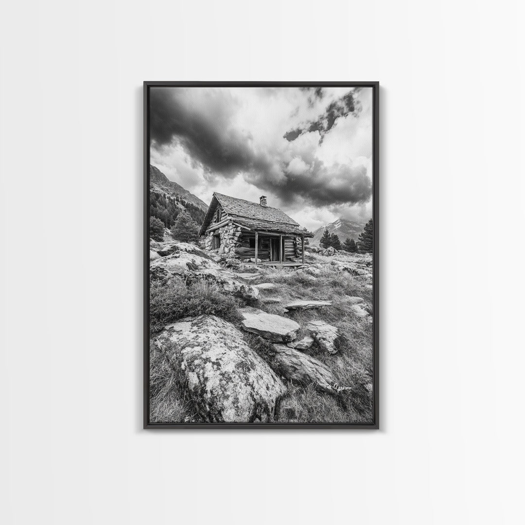 Rustic Cabin, Mountain Hideaway, Stormy Sky, Nature Lodge Decor, Framed Canvas Print, Autumn Vibes, Cozy Wall Art, Rustic Home Style