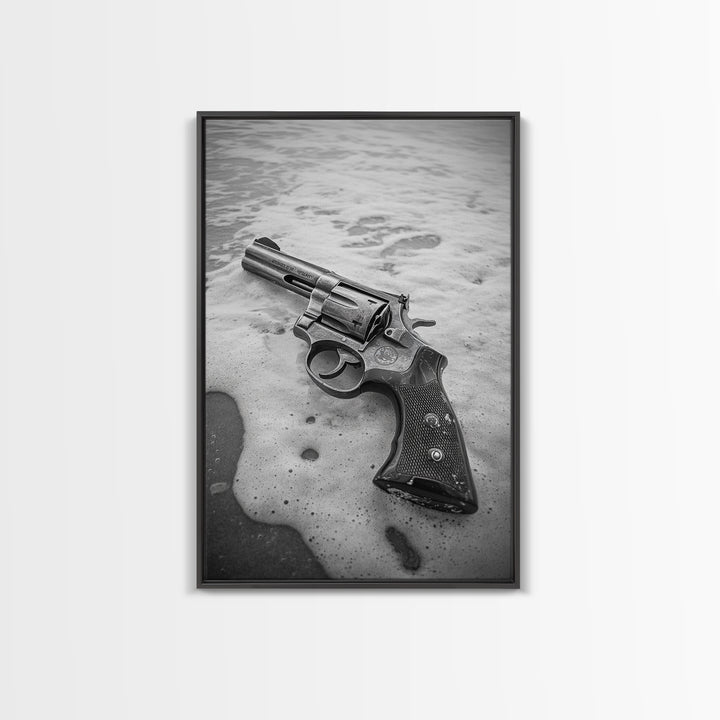 Revolver Beach, Washed Ashore, Western Style, Noir Photography, Framed Canvas Print, Industrial Wall Art, Man Cave Decor, Rustic Vibes