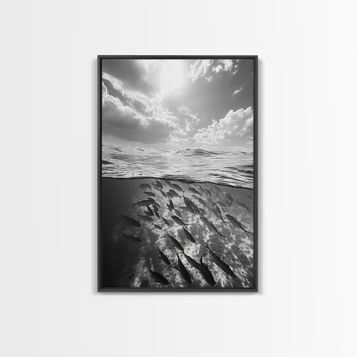 Underwater Scene, School of Fish, Ocean Photography, Split Shot Water, Framed Canvas Print, Bathroom Wall Art, Coastal Decor