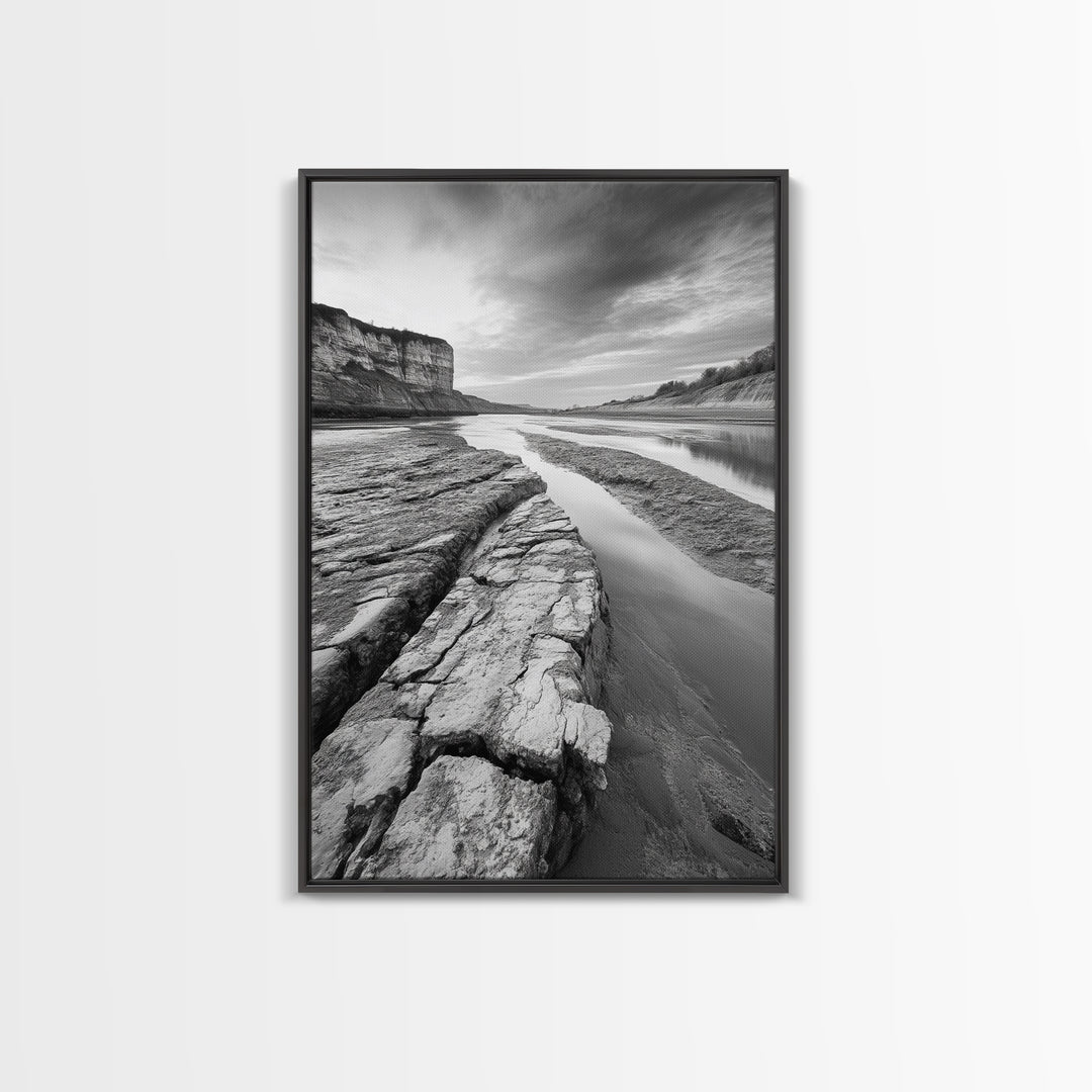 Eroded Riverbed, Desert Rock, Serene Canyon, Long Exposure, Framed Canvas Print, Earth Tones, Dining Room Decor, Nature Inspired