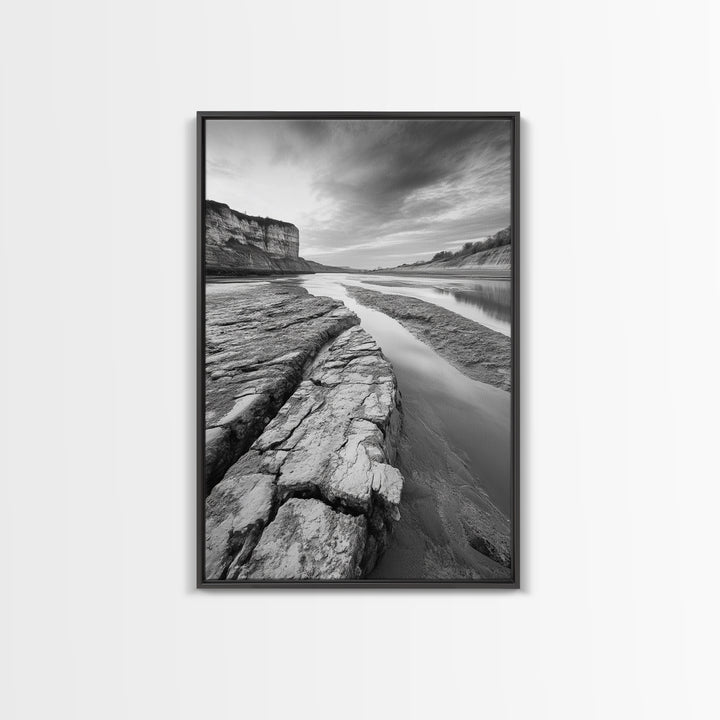Eroded Riverbed, Desert Rock, Serene Canyon, Long Exposure, Framed Canvas Print, Earth Tones, Dining Room Decor, Nature Inspired