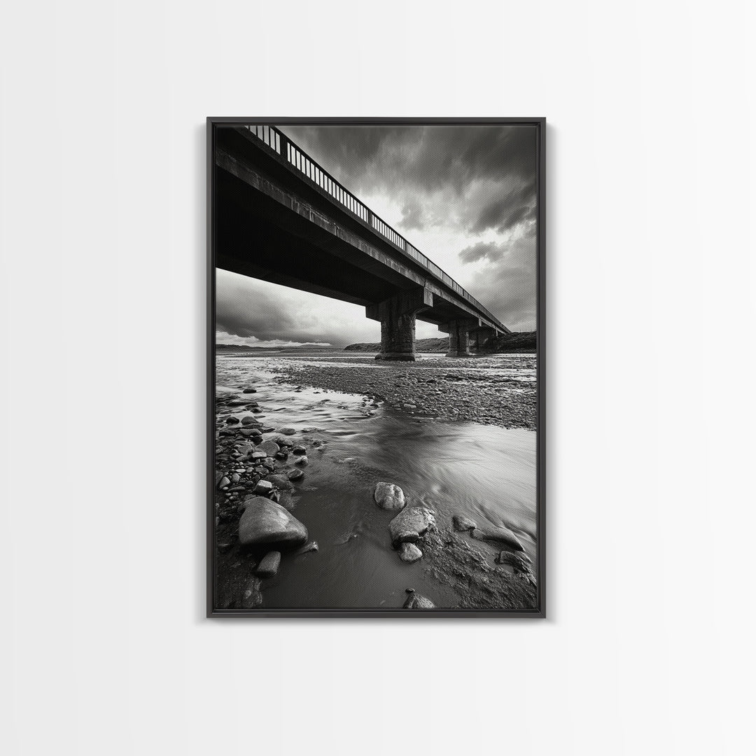 Stormy Bridge, River Rocks, Dramatic Sky, Modern Landscape, Framed Canvas Print, Moody Photography, Office Wall Art, Minimalist Decor