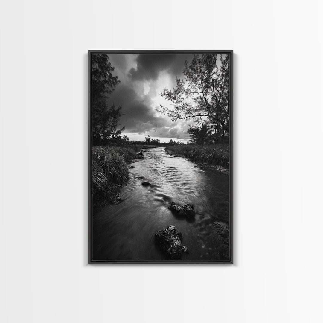River Flow, Storm Clouds, Nature Trees, Monochrome Scene, Framed Canvas Print, Bathroom Wall Art, Moody Landscape, Rustic Home Decor