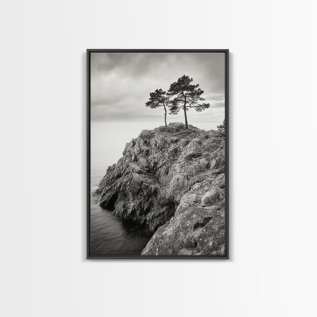 Rocky Coast, Lone Trees, Ocean View, Monochrome Calm, Framed Canvas Print, Bathroom Wall Art, Coastal Style, Minimalist Mountain Art