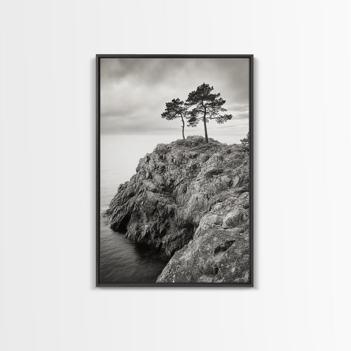 Rocky Coast, Lone Trees, Ocean View, Monochrome Calm, Framed Canvas Print, Bathroom Wall Art, Coastal Style, Minimalist Mountain Art