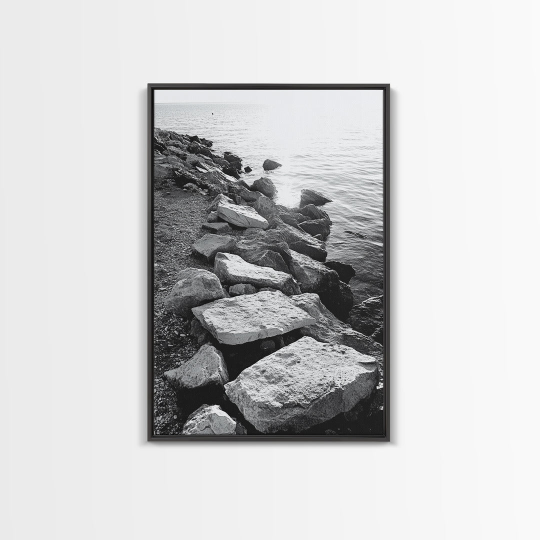 Shore Rocks, Sunlit Ocean, Rugged Texture, Minimal Horizon, Framed Canvas Print, Entryway Wall Art, Beach Decor, Neutral Tones