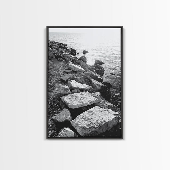 Shore Rocks, Sunlit Ocean, Rugged Texture, Minimal Horizon, Framed Canvas Print, Entryway Wall Art, Beach Decor, Neutral Tones