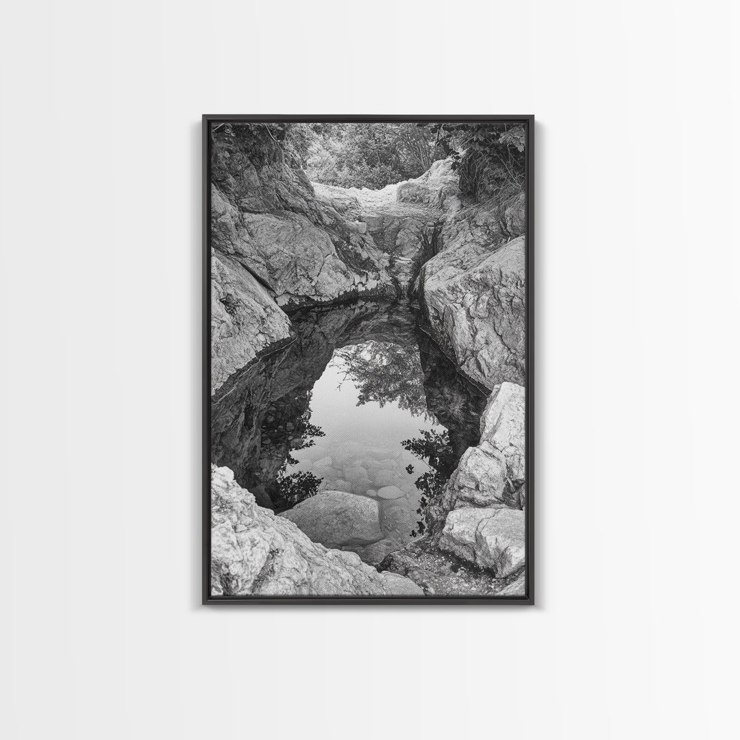 Reflective Rock Pool, Tranquil Nature, Monochrome Landscape, Black and White Framed Canvas Print, Minimalist Bathroom or Spa Wall Art