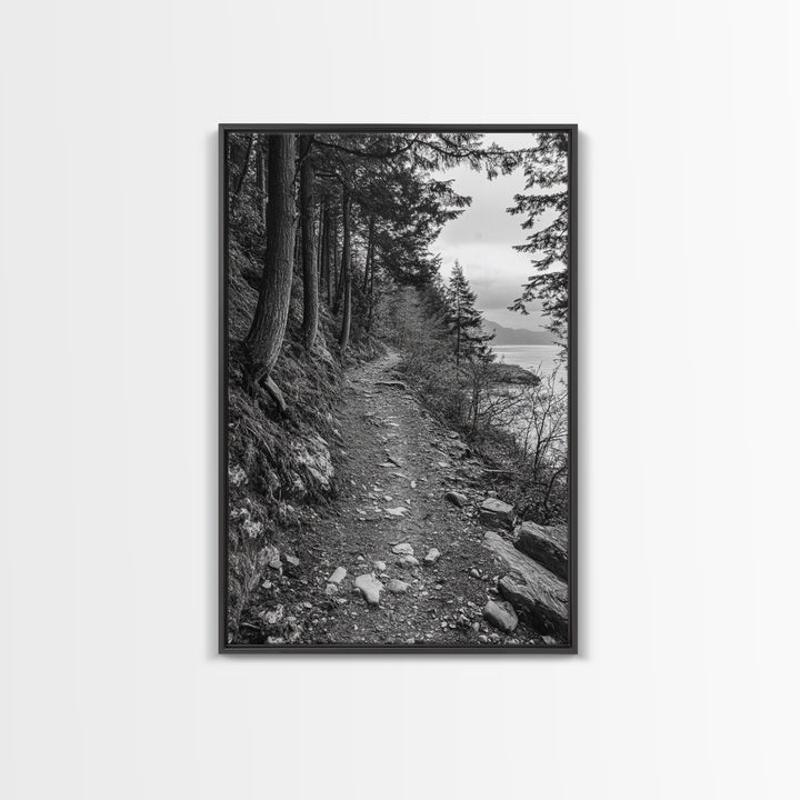 Forest Pathway Trail, Wilderness Escape, Rustic Nature, Black and White Framed Canvas Print, Cozy Cabin or Entryway Wall Art