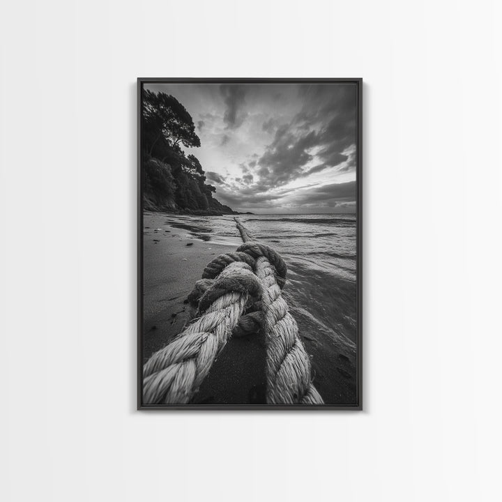 Beach Rope Knot, Coastal Connection, Ocean Shoreline, Nautical Canvas Print, Black and White Bathroom or Seaside Wall Decor
