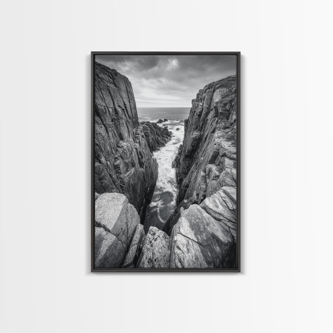 Ocean Cliff Pass, Rugged Coastal Rocks, Nature Power, Monochrome Framed Canvas Print, Moody Bathroom or Masculine Office Art