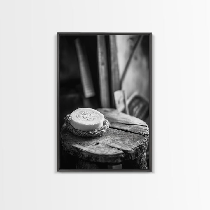Artisan Soap Still Life, Rustic Wellness Scene, Country Bathroom, Monochrome Framed Canvas Print, Farmhouse Bathroom Wall Art