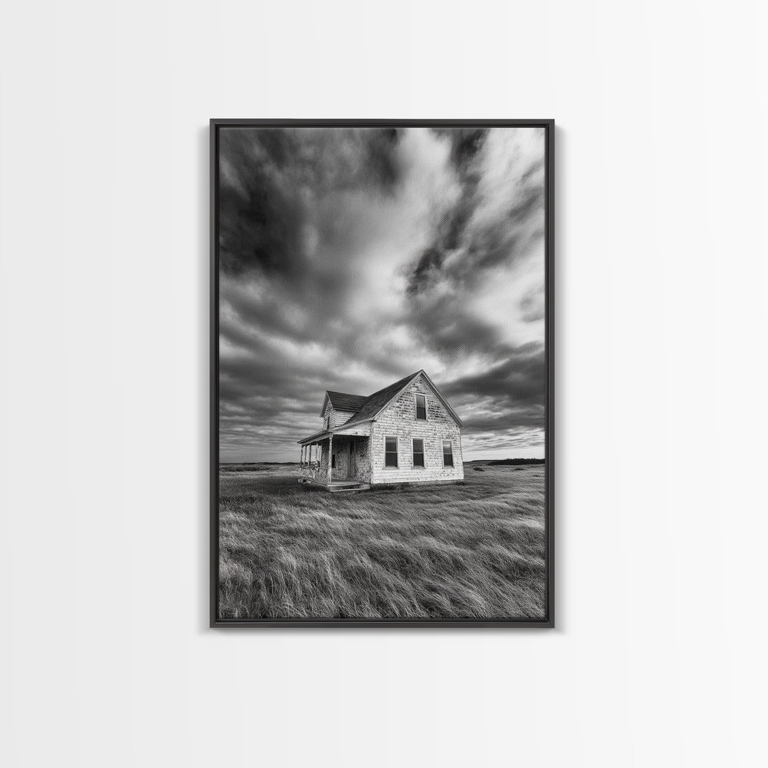 Abandoned House, Windy Prairie, Haunted Landscape, Framed Canvas Print, Fall Wall Art, Rural Home Decor, Moody Halloween Style