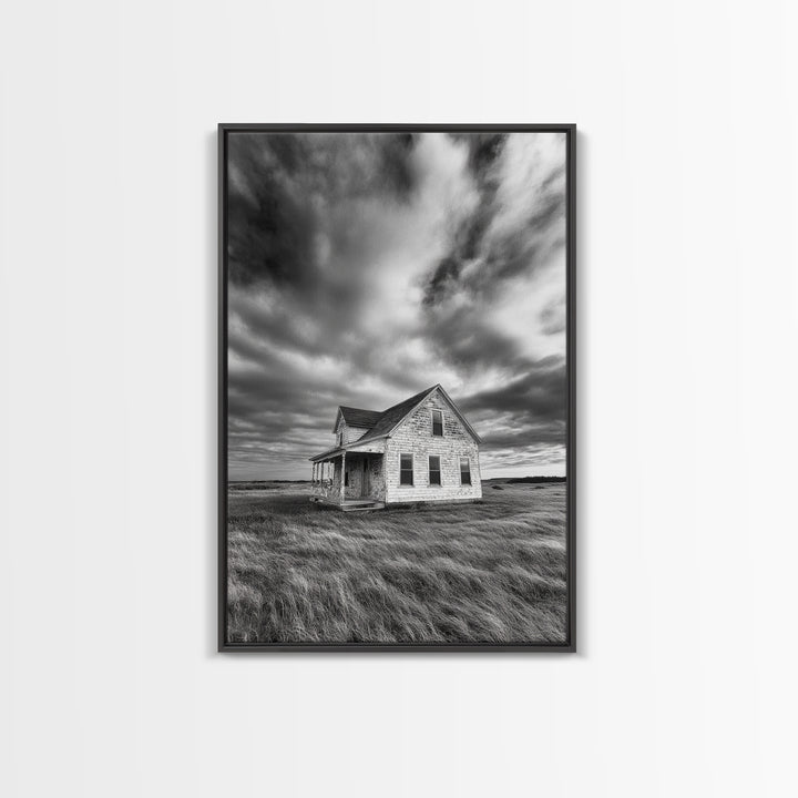 Abandoned House, Windy Prairie, Haunted Landscape, Framed Canvas Print, Fall Wall Art, Rural Home Decor, Moody Halloween Style