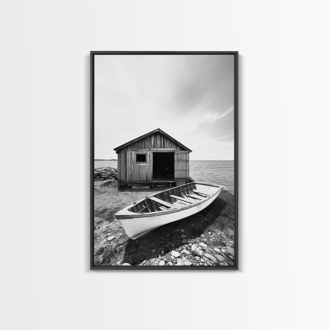 Shore Cabin, Rowboat Rest, Coastal Cabin, Serene Shoreline, Canvas Print, Lake House Wall Art, Rustic Decor, Living Room Seaside Art