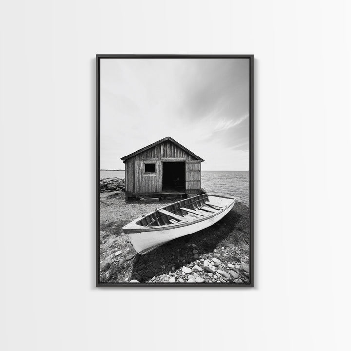 Shore Cabin, Rowboat Rest, Coastal Cabin, Serene Shoreline, Canvas Print, Lake House Wall Art, Rustic Decor, Living Room Seaside Art