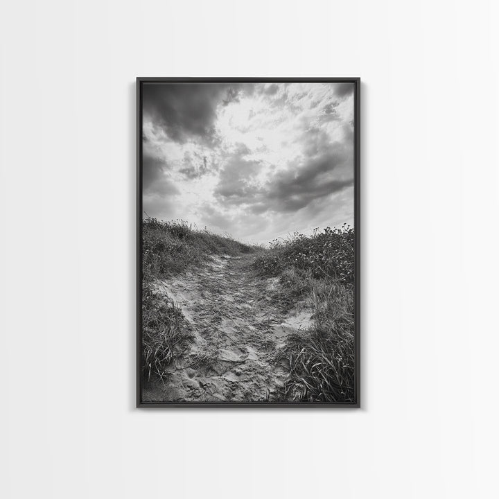 Sandy Trail, Ocean Path, Windy Grass, Moody Sky, Framed Canvas Print, coastal nature photography, hallway decor, rustic neutral art