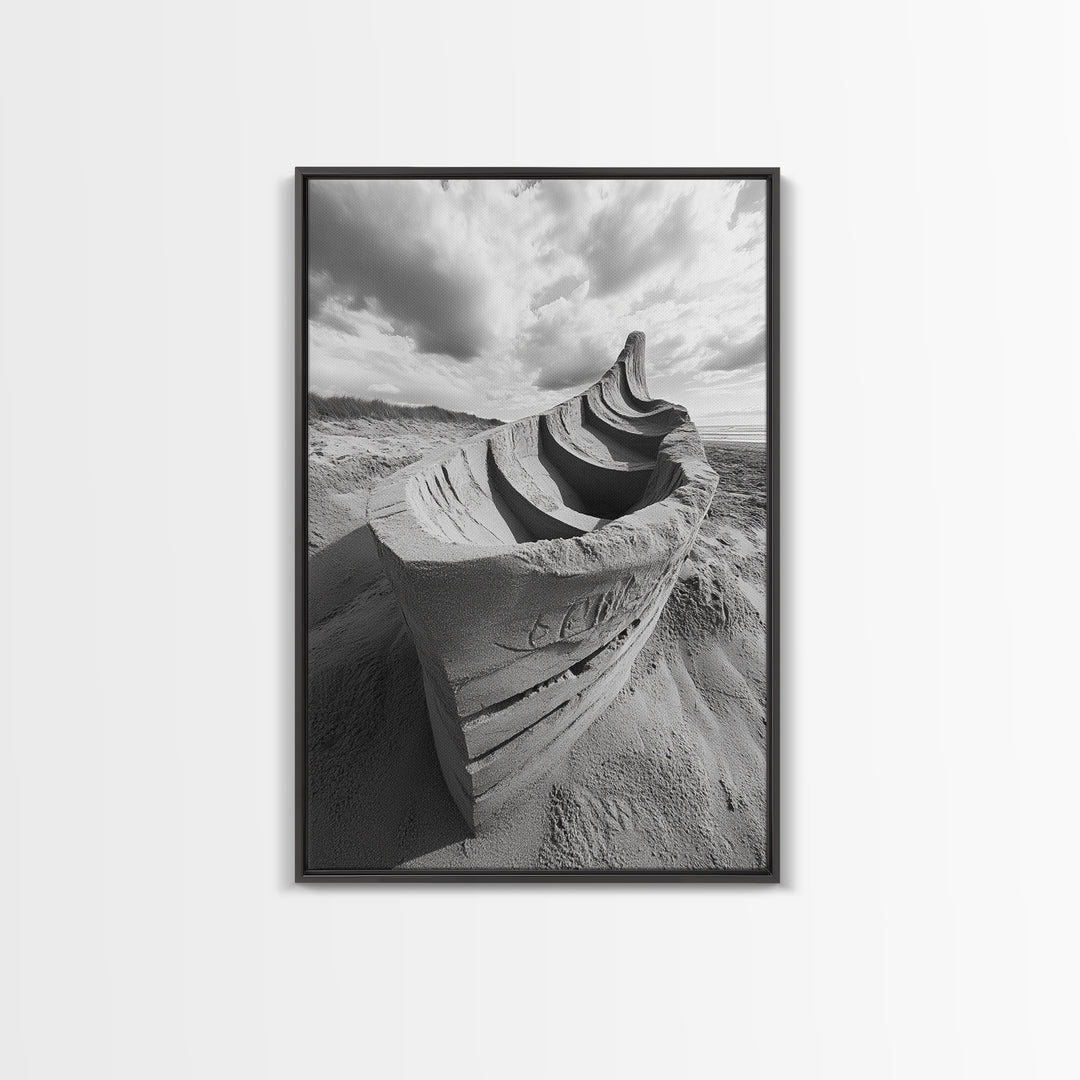 Sand Boat, Beach Sculpture, Dramatic Clouds, Textured Art, Framed Canvas Print, nautical wall art, coastal boho decor, modern beach print