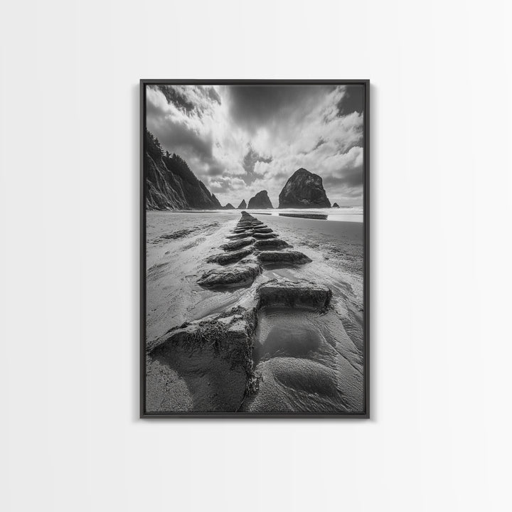 Ocean Rocks, Beach Landscape, Cloudy Sky, Rugged Coast, Canvas Print, coastal adventure wall art, living room decor, nature lover gift