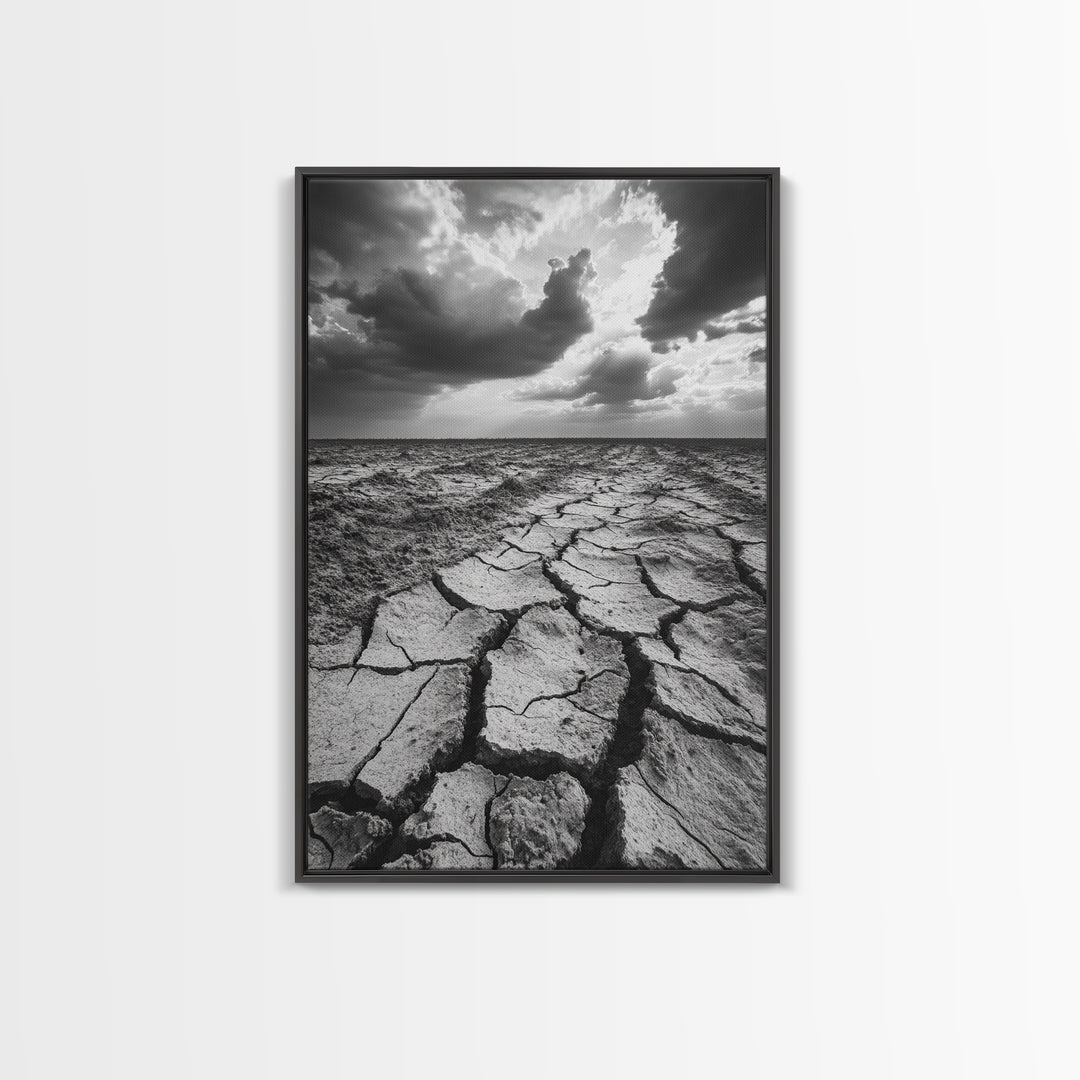 Cracked Earth, Drought Desert, Apocalyptic Sky, Dry Landscape, Canvas Print, minimalist wall decor, modern earth tones, office statement piece