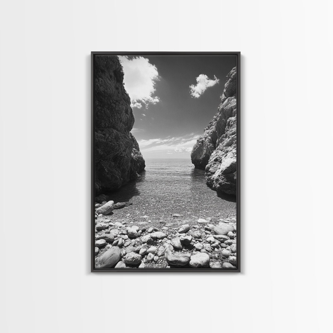 Rocky Cove, Serene Sea, Coastal Escape, Crystal Water, Canvas Print, bathroom ocean art, coastal minimalist decor, tranquil seascape gift