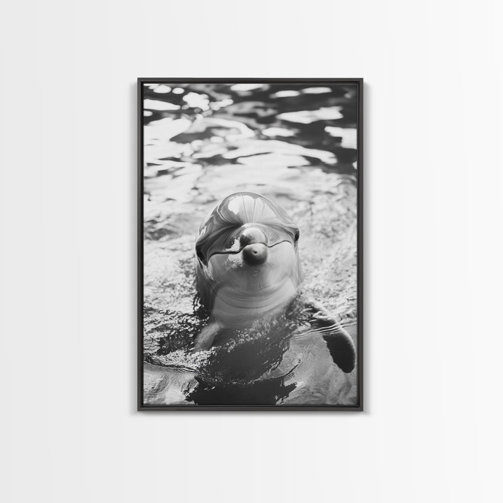 Dolphin Smile, Ocean Friend, Water Reflections, Gentle Waves, Framed Canvas Print, Kids Bathroom Art, Marine Life Decor, Playroom Artwork