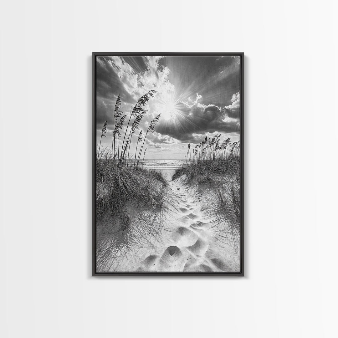 Beach Path, Seagrass Sunset, Radiant Sky, Coastal Light, Framed Canvas Print, coastal farmhouse decor, entryway art, sunshine beach scene