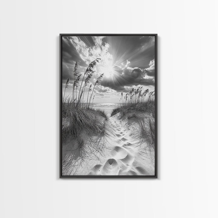 Beach Path, Seagrass Sunset, Radiant Sky, Coastal Light, Framed Canvas Print, coastal farmhouse decor, entryway art, sunshine beach scene