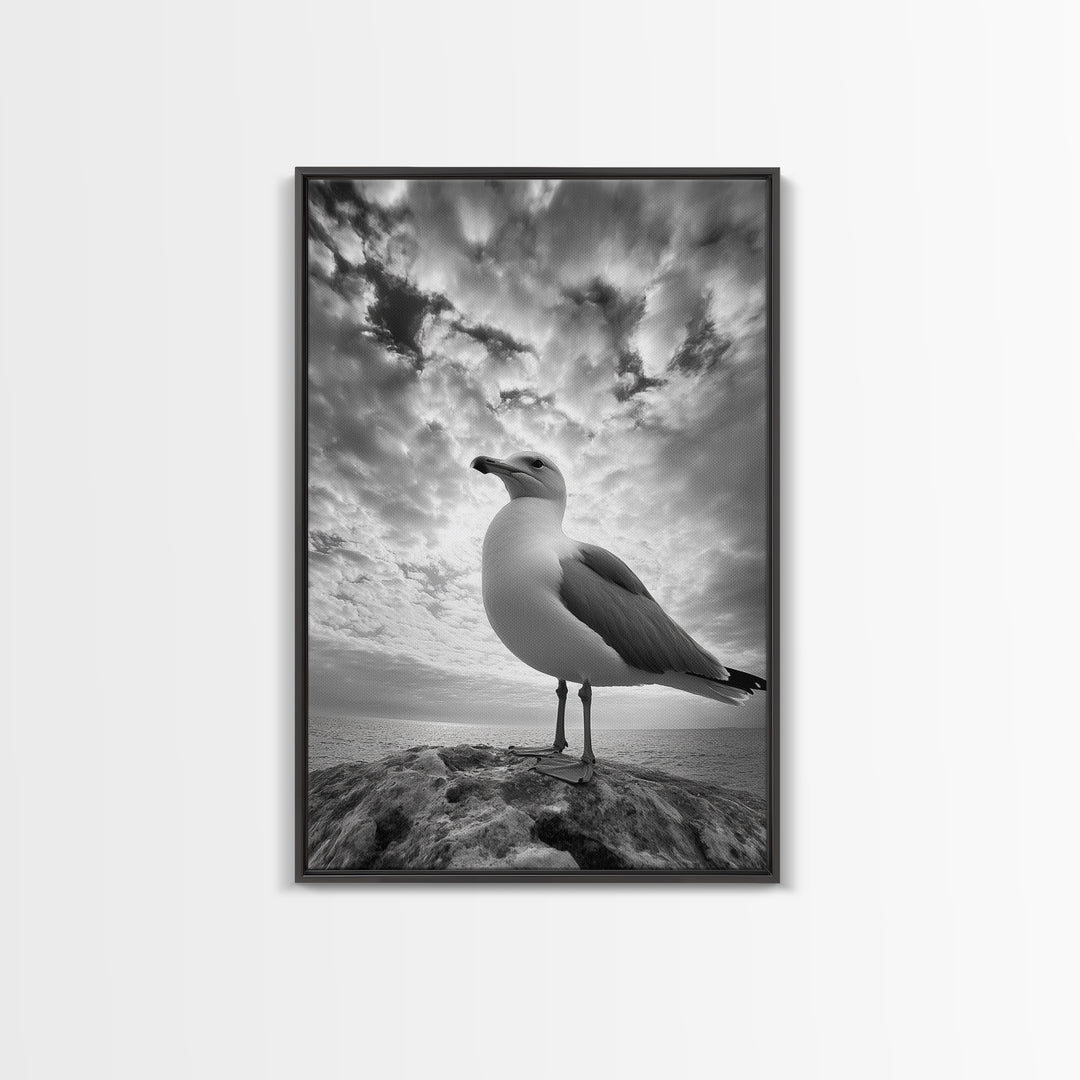Coastal Seagull, Ocean Breeze, Serene Sky, Seaside Moment Framed Canvas Print, coastal decor, nautical bathroom wall art, nature photography