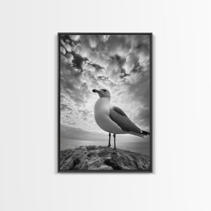 Coastal Seagull, Ocean Breeze, Serene Sky, Seaside Moment Framed Canvas Print, coastal decor, nautical bathroom wall art, nature photography
