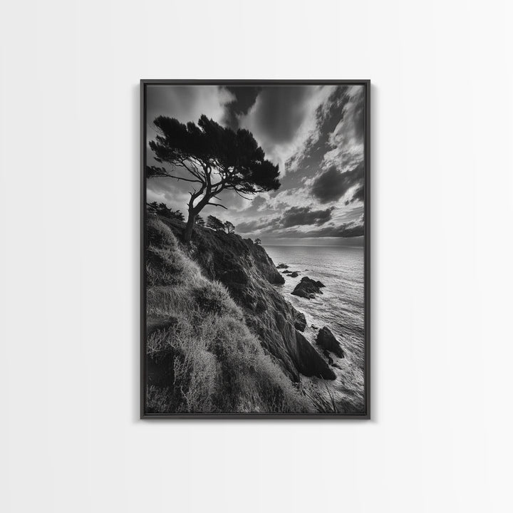 Coastal Pines, Rocky Shore, Windswept Tree, Wild Ocean Framed Canvas Print, rustic cabin art, black and white beach wall decor