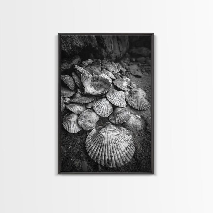 Seashell Pile, Textured Beach, Coastal Treasures, Natural Beauty Framed Canvas Print, bathroom decor, shell art, beach wall style