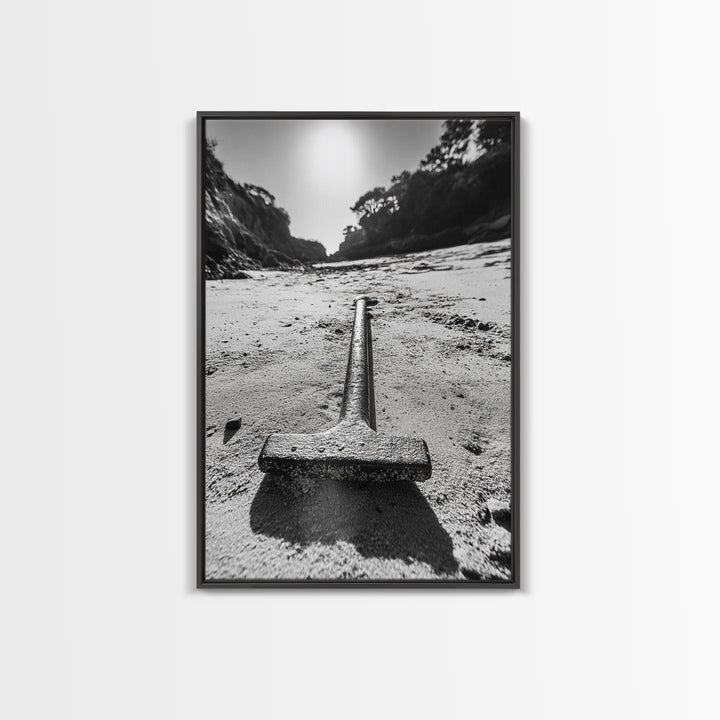 Industrial beach relic, iron hammer, rustic textures, minimalist black and white, Canvas Print, man cave art, coastal masculine decor