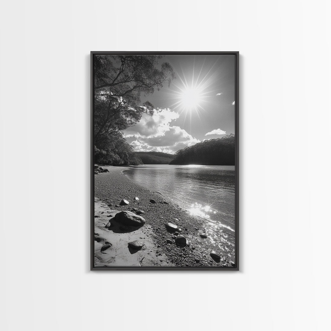 Ocean Shoreline, Serene Landscape, Coastal Photography, Canvas Print, Modern Nature Decor, Living Room Wall Art, Black and White Art