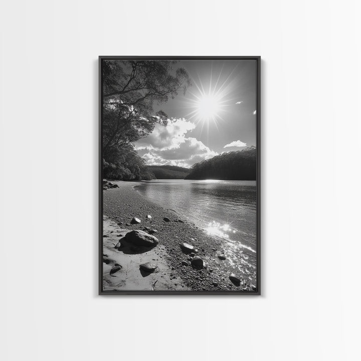 Ocean Shoreline, Serene Landscape, Coastal Photography, Canvas Print, Modern Nature Decor, Living Room Wall Art, Black and White Art