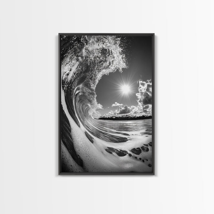 Wave Photography, Surfer Dream, Sea Curl Motion, Framed Canvas Print, Coastal Wall Art, Beach House Decor, Monochrome Ocean Style