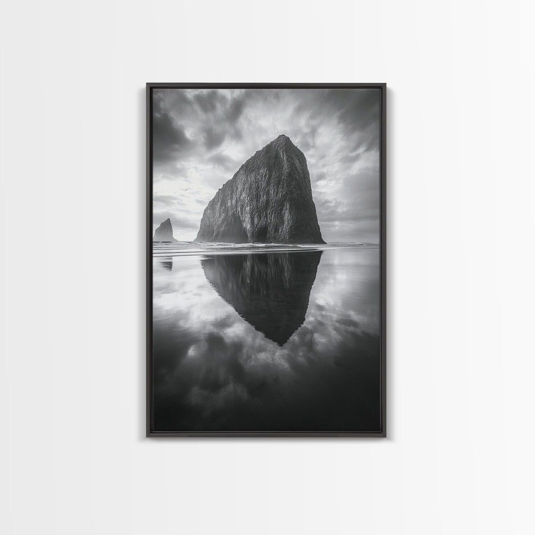 Coastal Rock, Haystack Reflection, Tranquil Beach Scene, Framed Canvas Print, Minimalist Art, Bathroom or Entryway Wall Art
