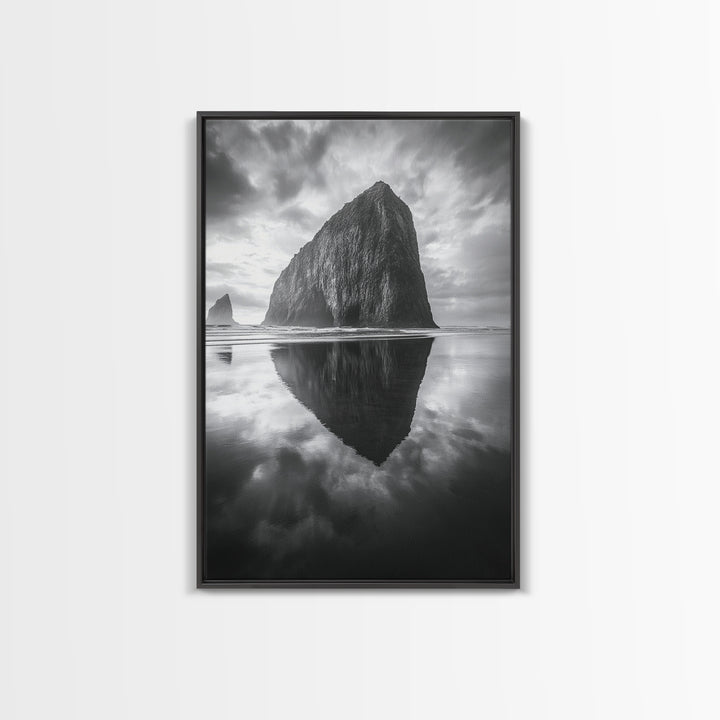Coastal Rock, Haystack Reflection, Tranquil Beach Scene, Framed Canvas Print, Minimalist Art, Bathroom or Entryway Wall Art