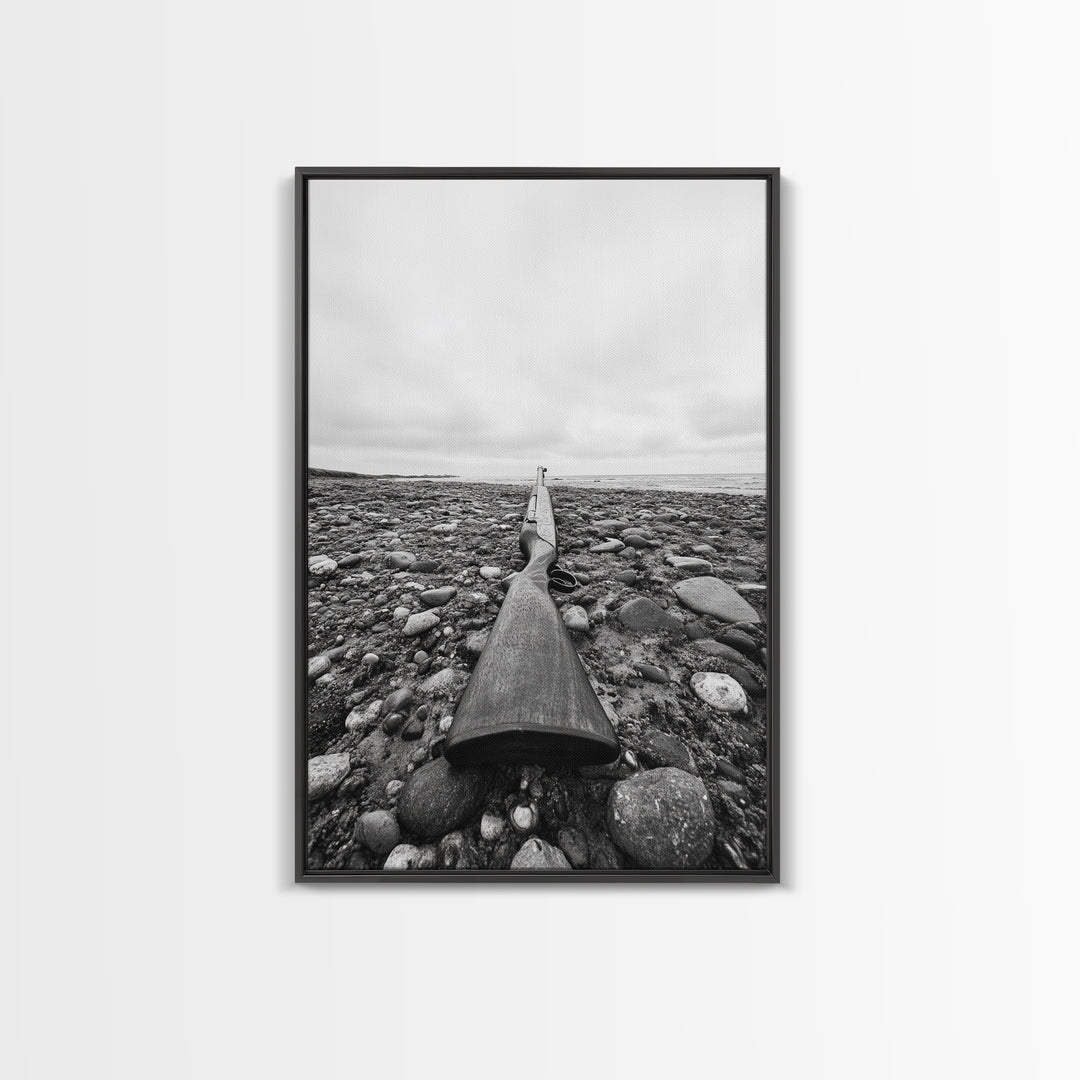 Rifle on Pebbles, Rustic Coastal, Survivalist Aesthetic, Canvas Print, Cabin Wall Art, Masculine Decor, Nature Minimalist Style