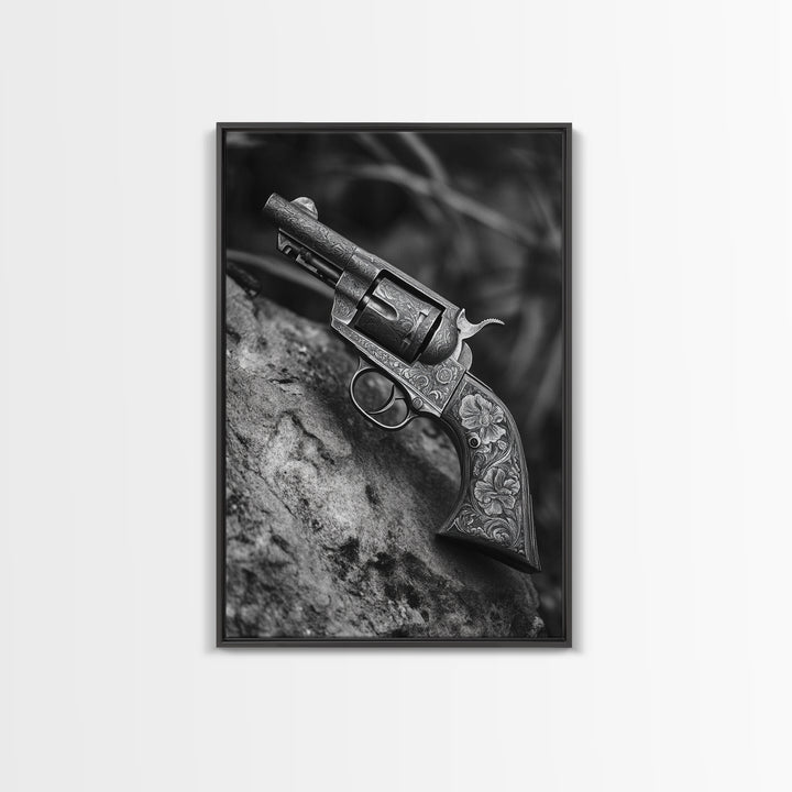 Floral Engraved Revolver, Vintage Western Gun, Cowboy Detail Shot, Canvas Print, Man Cave Art, Rustic Americana Wall Style