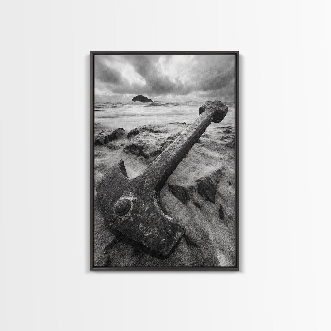 Ocean anchor scene, nautical coastal vibes, shipwreck inspiration, stormy sky, Framed Canvas Print, entryway art, maritime wall decor