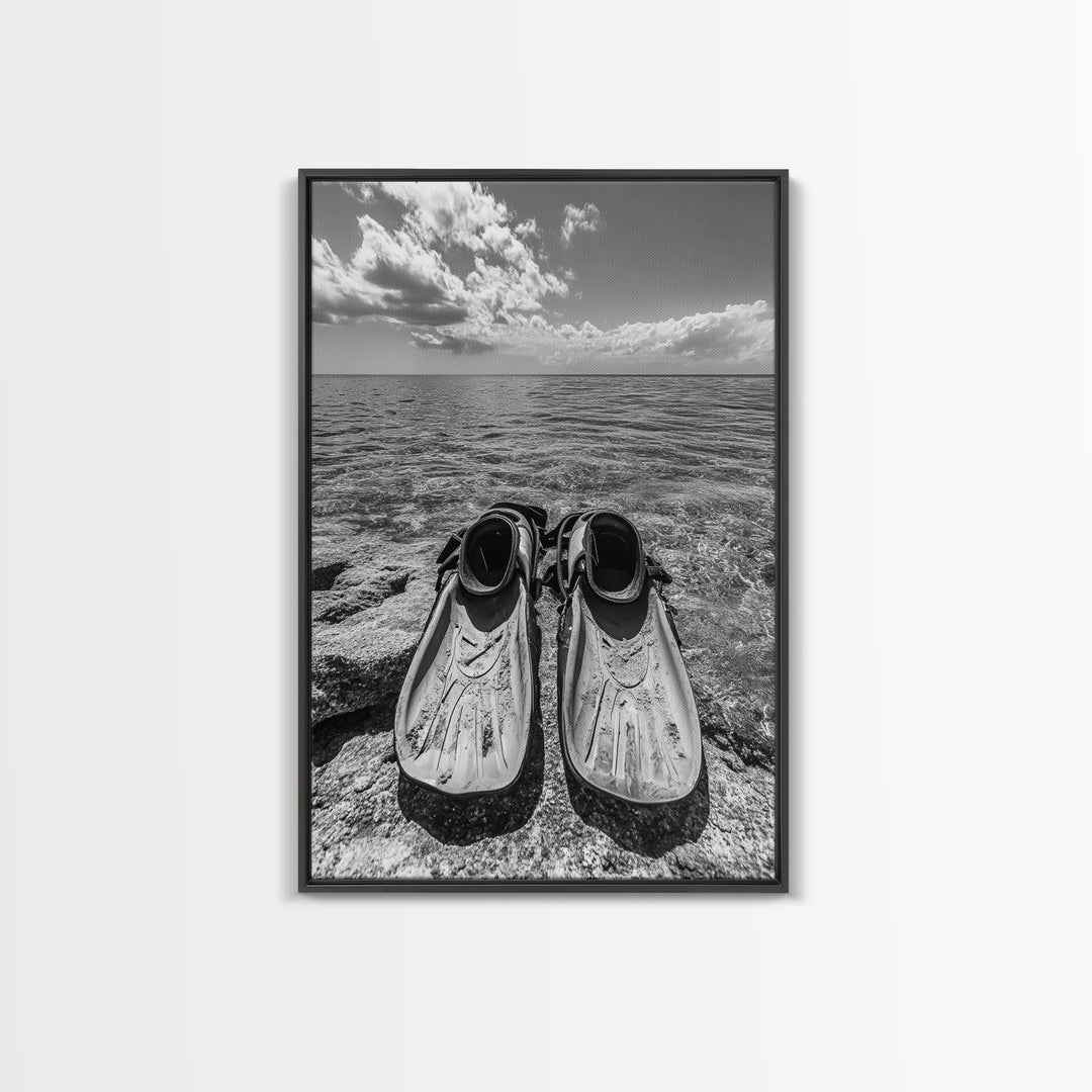 Ocean Fins, Coastal Escape, Underwater Adventure, Canvas Print, Beach Bathroom Wall Art, Nautical Photography, Black and White Decor