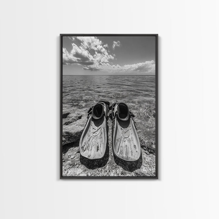 Ocean Fins, Coastal Escape, Underwater Adventure, Canvas Print, Beach Bathroom Wall Art, Nautical Photography, Black and White Decor