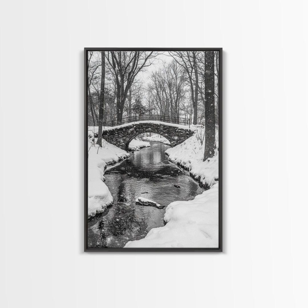 Stone Bridge, Winter Stream, Historic Pathway, Framed Canvas Print, Snowy Landscape Art, Traditional Living Room Wall Decor
