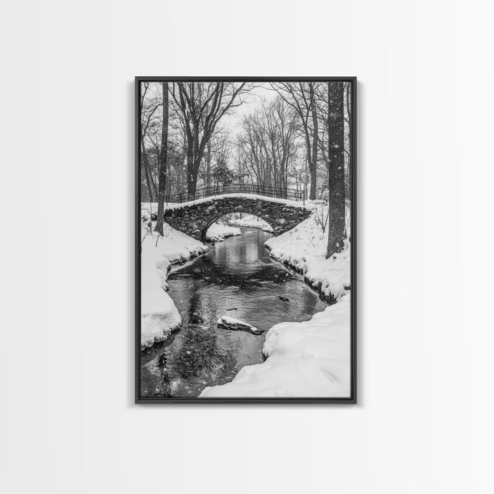 Stone Bridge, Winter Stream, Historic Pathway, Framed Canvas Print, Snowy Landscape Art, Traditional Living Room Wall Decor