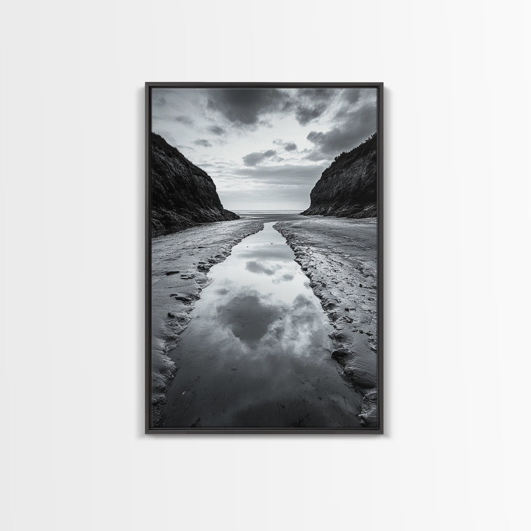 Ocean Reflection, Seaside Path, Moody Coastline, Canvas Print, Black and White Nature Photography, Modern Living Room Wall Art